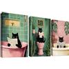 HALFLEMART 3Pcs Stampa su tela Con Cornice Divertente Gatto Nero Pittura Rosa Verde Piante Gattino che fa il bagno Quadri su tela Quadri Moderni Bagno Vasca da Bagno WC Stampe da Parete 40x60cm x3