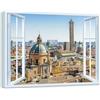 LuxHomeDecor Quadro finestra panorama Bologna Torre degli Asinelli - Stampa su tela con telaio in legno - 40x30 cm