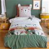 CÔTE DECO Parure da letto con orso, 140 x 200 cm, copripiumino 140 x 200 cm + 1 federa 63 x 63 cm, motivo animali della foresta verde e beige con tasca in microfibra