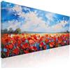 CheQuadro! Tavolo da cucina moderno, cornice lunga xxl, cornice natura, campo di papaveri rossi sotto un cielo blu luminoso, su tela, incorniciato pronto da appendere bow10-90x40 cm