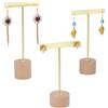 FINGERINSPIRE 3 Set Espositore per Orecchini a T in Metallo Dorato, Altezza 12/14.5/16.8cm con Base Rotonda in Legno Porta Orecchini Appesi Organizer per Gioielli per Negozio Al Dettaglio