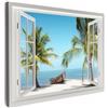 MuchoWow© Stampa su Tela Quadri da Salotto Moderni Soggiorno Canvas per | 70x50 cm - bagno Foto Decorazioni Parete Vista dalla finestra - Spiaggia - Palma - Barca - Tropicale - Mare - Blu