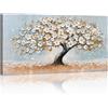 FajerminArt Bianco Oro Floreale Ciliegio Albero Grandi Quadri Moderni Soggiorno, Astratto ‌Blue Il Fiore Fiorendo Stampe da Parete Quadro Moderni Immagine Pittura su tela Camera da letto Cucina Decor 100x50cm
