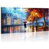 WENGTIAO Stampa su Tela Città sul Fiume di Notte Con Cornice 120x50 cm | Quadro su Tela Coppia con Ombrello Sotto la Luce Della Strada Quadri Moderni Soggiorno Camera da Letto Decorativo Parete