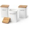 MECSAL CASALINGHI Set 3 Barattoli Ceramica Sale Zucchero Caffè con Tappo in Legno - Contenitori Cucina Ermetici Bianchi Stile Shabby - 10x13 cm - Quadrati