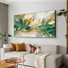 JACBON Foglie astratte Dipinto ad olio su tela Decorazione artistica dorata Pianta verde Dipinto fatto a mano Decorazione murale del soggiorno Grande arte murale moderna 70x140cm Senza cornice
