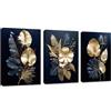 FajerminArt 3 Pcs Fiori blu navy oro Quadri Moderni Stampa su Tela Foglia di Monstera Tropicale pittura su tela poster Quadri su tela Decorazione Murale Soggiorno Camera da letto 90x40cm(30x40cmx3)