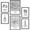Nacnic set di 6 poster con illustrazioni di Parigi e Londra. Collezione di fogli con disegni nordici in bianco e nero per la decorazione d'interni. Formati A3 e A4. Senza cornice.