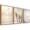HALFLEMART 3Pcs Stampa su Tela Con Cornice Spiaggia Costiera Onda Marina Quadri su Tela Poster da Parete Boho Erba di Pampa Oceano Tramonto Quadri Moderni Soggiorno Camera da Letto Stampe da Parete 40x60cm x3pcs