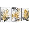 FajerminArt 3pcs Quadri Moderni Grande Stampa su Tela Con Cornice Marmo Tropicale Grigio Oro Foglie pittura su tela poster Decorazione Murale Adatto Soggiorno Camera da letto 90x40cm(30x40cmx3)