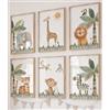 Eviepops Prints Quadri Cameretta Safari - Set di 6 Stampe Animali Acquerello Elefante, Giraffa, Leone Toni Neutri Decorazione Parete Bambini e Sala Giochi (A4)