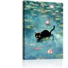 WENGTIAO Stampa su Tela Gatto Nero Nello Stagno Delle Ninfee Con Cornice | Quadro su Tela Vintage Gatto Divertente Pittura Quadro Moderno Soggiorno Camera da Letto Bagno Decorazioni Parete 30x40cm