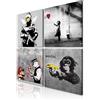 decomonkey Quadri Moderni Soggiorno Set Banksy Scimmia, 4 pezzi, 20x20 cm | Tela strutturata su telaio in legno, decorazione per camera da letto e ufficio, graffiti, arte di strada