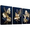 HALFLEMART 3 Pcs Foglie di Palma Dorate Stampa su tela con Cornice Fiori 3D Blu Navy Oro Pittura Quadri su tela Quadri Moderni Poster da Parete Camera da Letto Soggiorno Decorazioni Murale 50x70cm x 3pcs