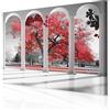 decomonkey Quadri Moderni Soggiorno Finestra Albero, 1 pezzo, 120x80 cm | Tela strutturata su telaio in legno, decorazione da parete, autunno, collona, natura, paesaggio, bianco, nero, rosso