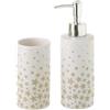 BAKAJI Set Accessori da Bagno 2 Pezzi con Dispenser Sapone Liquido Bicchiere Portaspazzolini in Ceramica Bianca con Trama Stelle, Design Moderno, Oggettistica per Sanitari (Beige)