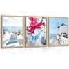 FajerminArt 3Pcs Greco Isola Paesaggio Urbano Quadri Moderni Soggiorno Con Cornice, Santorini blu Mar Egeo Stampe Da Parete Campanile Fiore Quadro Moderno Decorazioni per Camera da Letto Studio Ufficio 30X40cmX3