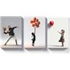 PIGPIGFLY Trittico Banksy in Tela con Cornice Legno: 3 Quadri Moderni per Soggiorno e Camera da Letto - Flower Thrower, Girl with Balloon,Flying Balloon Girl (30x40cm)
