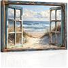 FajerminArt Spiaggia Vista 3D Finestra Effetto Quadri Moderni Con Cornice, Vintage Blu Litorale Paesaggio Stampe da Parete Naturale Spiaggia Ance Quadro Stampe Su Tela Decor per Soggiorno Camera Da Letto 30X40cm
