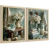 Nacnic Set Di 2 Stampe Decorative Per Il Bagno Poster Floreali Shabby Chic Per Pareti, Lavandino, Doccia, Wc E Bagno, Decorazioni Romantiche Con Fiori E Asciugamani A4 Telaio In Legno Chiaro