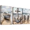 HALFLEMART Set of 3 Spiaggia Costiera Stampa su tela Con Cornice Barca a Vela e Ancora Pittura Quadri su tela Vintage Oceano Spiaggia Quadri Moderni Camera da Letto Soggiorno Decorazioni Murale 50x70cm x3pcs