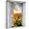 MuchoWow© Stampa di Foto su Tela Quadro Soggiorno Moderno Quadri per | 50x70 cm - Salotto Decorazioni Camera Vista dalla finestra - Girasole - Fiori - Sole