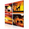 decomonkey Quadri Moderni Soggiorno Set Africa Tramonto, 4 pezzi, 40x40 cm | Tela strutturata su telaio in legno, decorazione per camera da letto e ufficio, elefante, Quadro Stampa su Tela