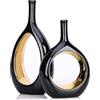 LCCCK Set di 2 Vasi Moderni Decorativi in Ceramica Nero e Oro, Vaso Dorato con Design Aperto Centrale, Centrotavola Elegante per Soggiorno, Sala da Pranzo, Camera da Letto e Ingresso - Altezza 30.5 cm