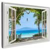 MuchoWow© Quadri su Tela Foto Quadro Moderno Soggiorno Canvas Decorazioni | 90x60 cm - Camera da Letto Vista dalla finestra - Albero - Mare - Palma - Colline - Spiaggia - Blu
