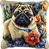 Wallphantom Cane animale Kit per cuscino a punto croce,Carlino e fiori,Cuscino per Punto Croce con,tela prestampata,filo e ago,Cuscino da Tiro DIY Ricamato Regali Kit,45x45cm