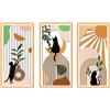 HUASUN Decorazioni a Parete in Legno Bohémien, Set di 3 Pezzi, Sculture con Gatti, Vasi, Foglie Tropicali, Sole e Luna, Taglio Laser di Precisione, per Soggiorno e Camera (Gatto Elegante)