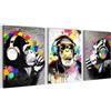 Novart WTD N034535a - Quadro da parete con scimmia Banksy Style Graffiti, completamente pronto da appendere, 3 quadri moderni, colore: Grigio colorato
