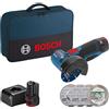 Bosch Professional 06019F200C Smerigliatrice Angolare GWS 12 V 76 (Sistema da 12 Volt, 2 batterie da 2.0 Ah, 5 Pezzi Set di Dischi da Taglio e Molatura, in Borsa), Blu, Size