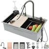 OMGMTSTORE Lavello Cucina 75x50 cm in Acciaio Inox con Effetto Cascata, Lavello Multifunzionale Workstation con Display Digitale, Rubinetto Estraibile, Tagliere, Lavabicchieri, Dispenser Sapone e Kit Scarico