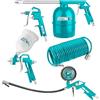 TOTAL - Set Da 5 Utensili Per Compressore Con Tubo A Spirale 4m, Pistola Ad Aria, Pistola A Spruzzo 600cc, Pistola Lavaggio 750cc E Pistola Gonfiaggio 12Bar