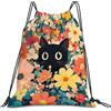 Joalpysm Sacca da palestra con gatto nero, motivo floreale, impermeabile, borsa sportiva in poliestere, borsa sportiva per fitness, viaggi, borsa regolabile con coulisse per nuoto, regalo per gli amanti dei