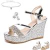 Generic Sandali con zeppa con tacco alto con paillettes da donna, eleganti, sandali estivi con zeppa con plateau da donna, punta aperta, zeppe con tacco alto con cinturino alla caviglia, per matrimoni, feste