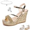 Generic Sandali con zeppa con tacco alto con paillettes da donna, eleganti, sandali estivi con zeppa con plateau da donna, punta aperta, zeppe con tacco alto con cinturino alla caviglia, per matrimoni, feste