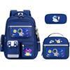 Amythe Set Zaino Bambino 8-12 Anni 3 Pezzi, Zaino Scuola Elementare Ragazzo con Porta Pranzo Termico e Astuccio, Leggero Impermeabile con Bande Riflettenti, Inizio Scuola, Blu