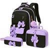 Amythe Set 3 Pezzi Zaino Ragazza 3a-7a Elementare | Zaino Adolescente Sacca Pranzo Astuccio Leggero 23L Impermeabile Elementari Medie, Nero-viola