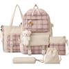 Hotainoys Set di 5 zaini carini per ragazze, zaino preppy scozzese con ciondolo con stemma, borsa per libri in tela leggera, Style4, Preppy