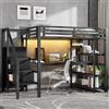 LPdorbe Letto a soppalco in metallo, 140 x 200 cm, con scala, armadio aperto, scrivania incorporata, ripostiglio, stazione USB e illuminazione LED Bluetooth-nero