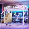 LPdorbe Letto a soppalco in metallo 140 x 200 cm con ripostiglio e guardaroba, illuminazione a LED integrata, scala con deposito, barriere di sicurezza, bianco per cameretta, ragazzi o studenti