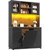 Azkoeesy Credenza alta Mobile Dispensa da Cucina 120x40x180 cm Nero | LED controllabile con App, Ante Acrilico, Pattumiera Integrata, Portacoppe Sospeso, Armadio Alto da Cucina