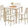 COSTWAY Set da Pranzo per 4 Persone Moderno, Bianco e Oro | Set Cucina Bar 5 Pezzi con Superficie in Finto Marmo, Tavolo Quadrato in Legno e 4 Sgabelli Alti per Angolo Colazione