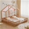 Kebnor Letto per bambini in legno, 90 × 200 cm, letto doppio indipendente, design a forma di casetta con finestre e camino, con illuminazione a LED, ringhiera di sicurezza e ripiani, completo di rete a doghe