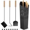 changshengda Set di 4 posate per camino, accessori moderni con supporto, pala, gancio e spazzola (nero)