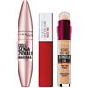 Maybelline New York Kit MakeUp Mascara Volumizzante Allungante Ciglia Sensazionali + Correttore Multi-Uso il Cancella Età 02 Nude + Tinta Labbra a Lunga Durata, Matte Ink 20 Pioneer