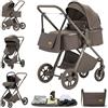 ALYIKOU Passeggino trio 3 in 1 con seggiolino auto i-Size Pieghevole, sedile reclinabile, marcia bidirezionale, cinture a 5 punti, portata 0-25 kg, 0-4 anni (Cioccolato)