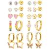 FANCH Orecchini Ipoallergenici per Ragazze donne in Acciaio Chirurgico Orecchini Cerchio per Orecchie Sensibili Orecchini a Piccola Vite Placcati in Oro 14K Cuore Fiore Set di Orecchini per Bambina